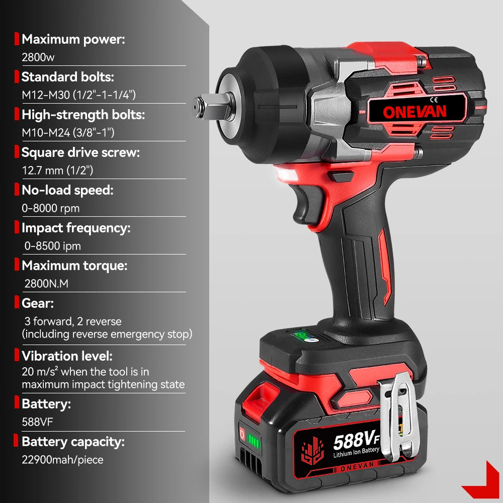 ONEVAN 8000RPM 2800N.M Brushless Electric Impact Wrench Cordless Car Repair Screwdriver Drill Power Tool For Makita Battery Pin