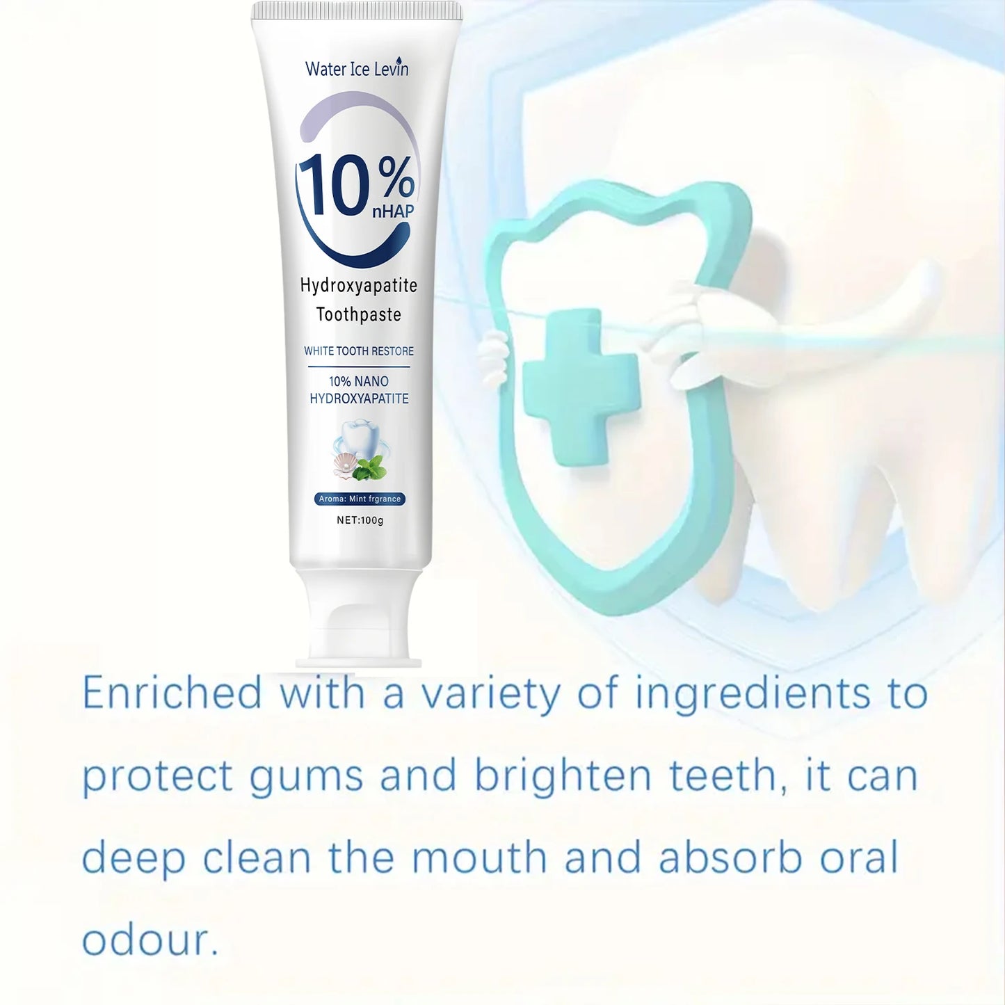10% Nano Hydroxyapatite Toothpaste Restores White Teeth. Protects Gums. Deep Cleans. Brightens Smile. 100g Fresh Mint.