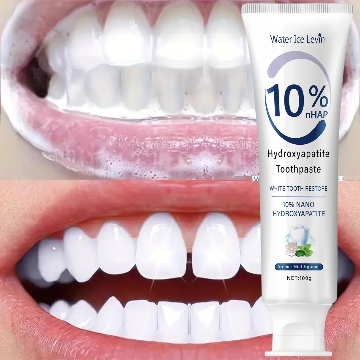 10% Nano Hydroxyapatite Toothpaste Restores White Teeth. Protects Gums. Deep Cleans. Brightens Smile. 100g Fresh Mint.